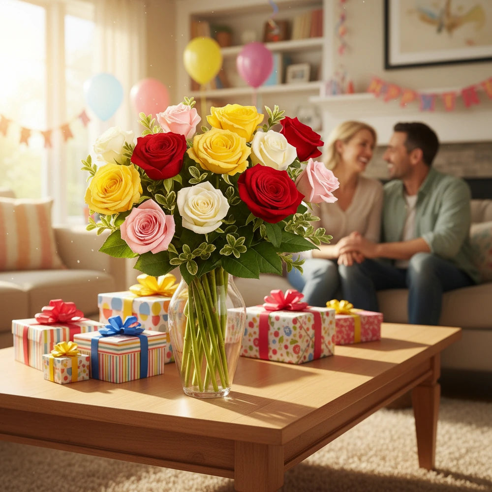 One Dozen Assorted Roses, Vase & Card Combo - Flower Delivery New Zealand