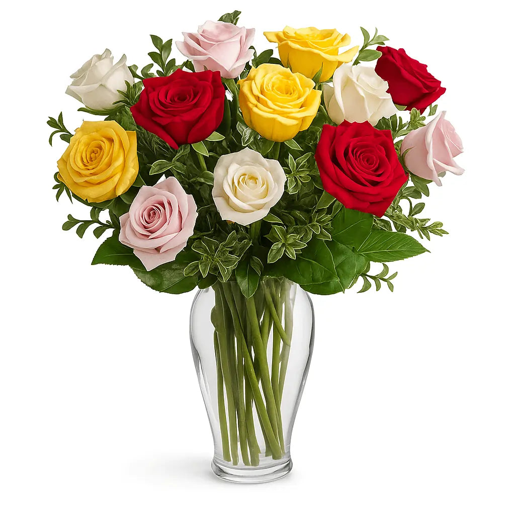 One Dozen Assorted Long Stem Roses - Flower Delivery New Zealand