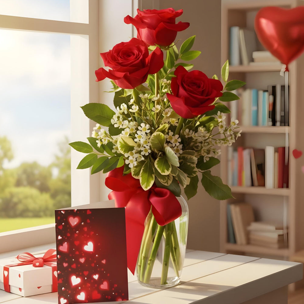3 Red Roses & Card