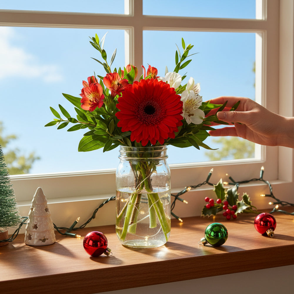 Christmas Flowers in Mason Jar I