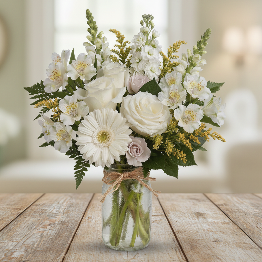 Peaceful Clouds in Mason Jar - Flower Delivery New Zealand