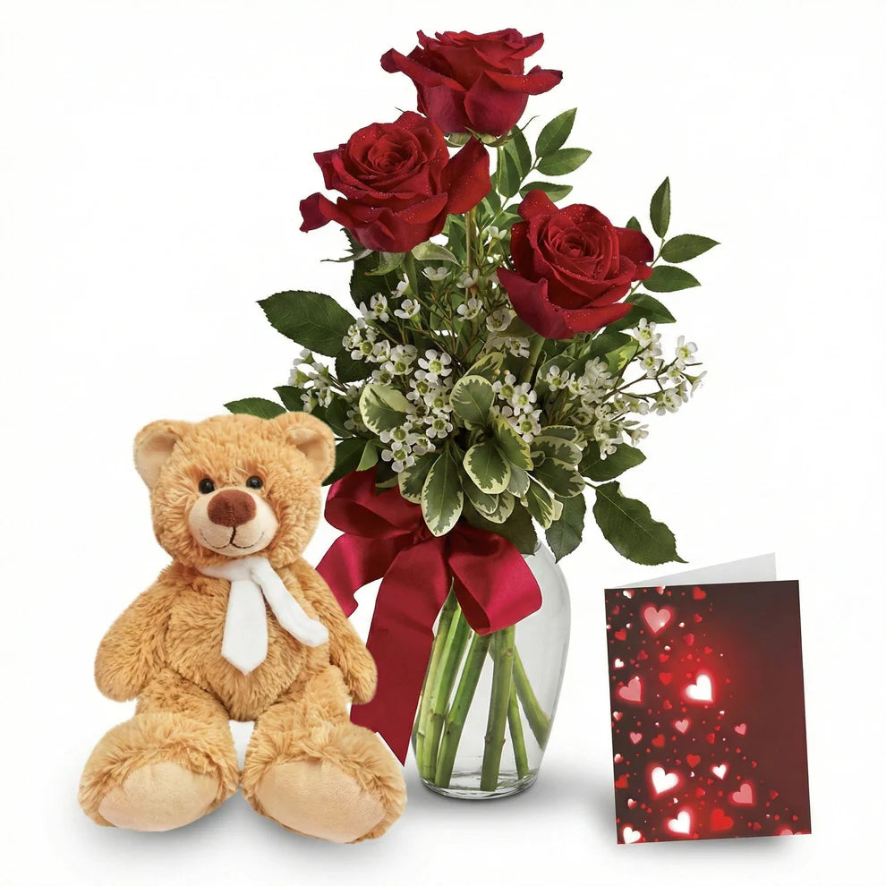Rose, Teddy & Card Special - Flower Delivery New Zealand
