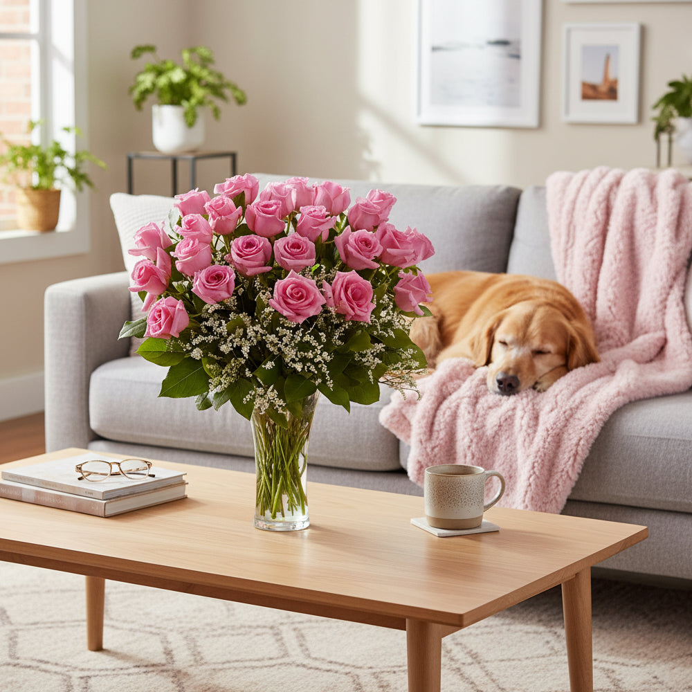 Two Dozen Long Stem Pink Roses - Flower Delivery New Zealand
