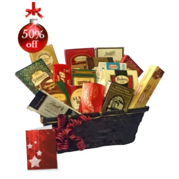 Gift basket with assorted chocolates and a &quot;50% off&quot; tag.