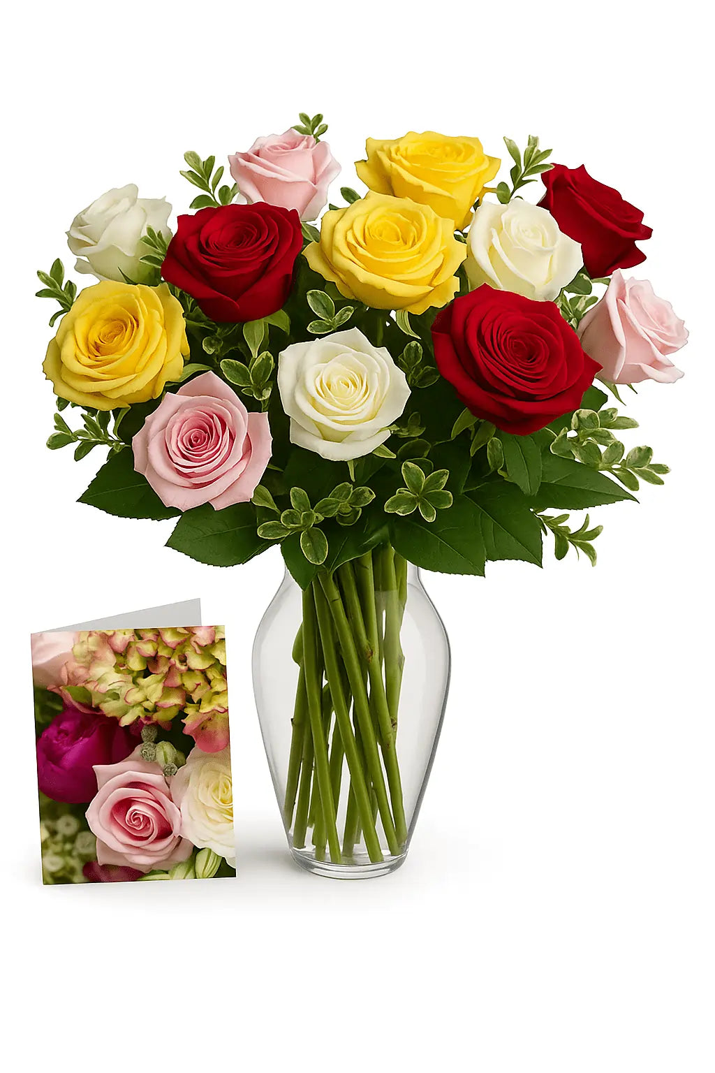 One Dozen Assorted Roses, Vase &amp; Card Combo