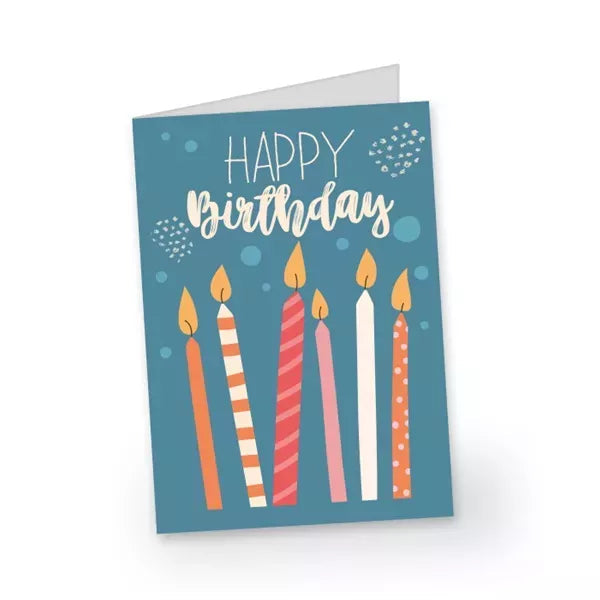 Birthday card with &quot;Happy Birthday&quot; text and illustrated candles on a blue background.
