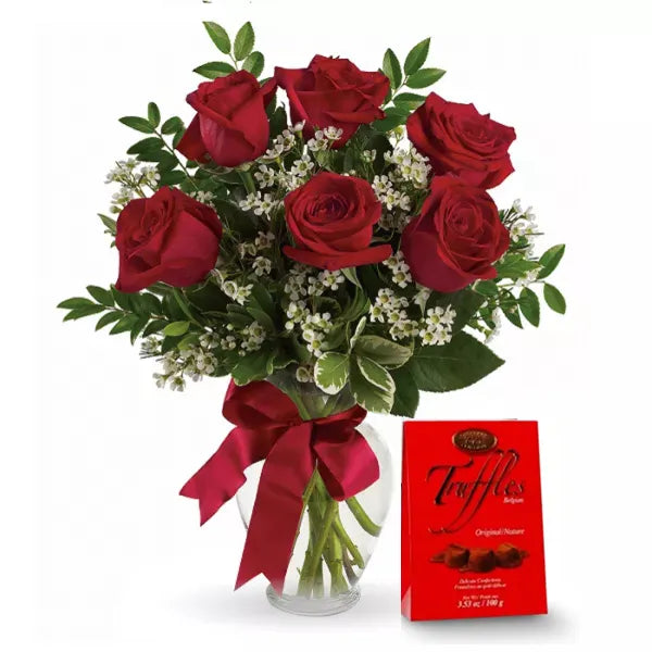Half dozen long-stemmed red roses with truffles