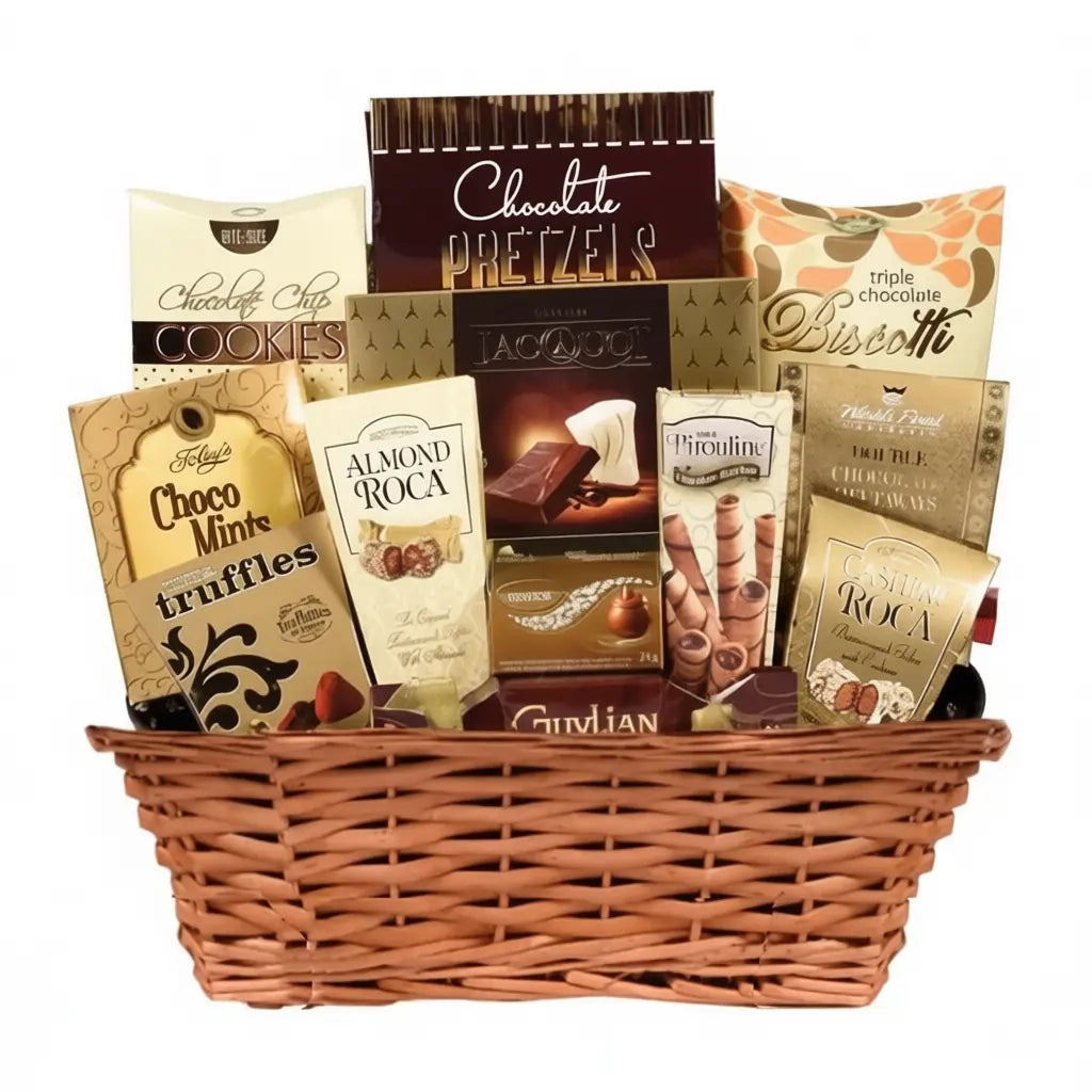 Holiday chocolate gift basket with Almond Roca, truffles, cookies, and assorted sweets in a woven wicker basket.