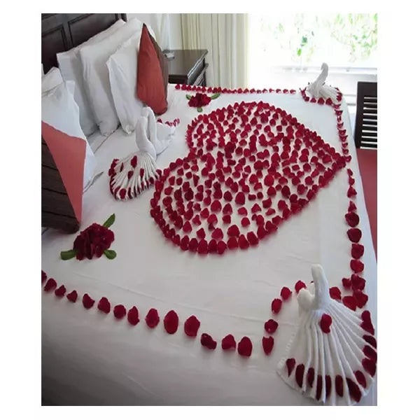 Bed with red rose petals arranged in heart shapes, and towel swans.