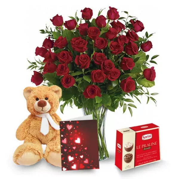 Three dozen long stem red rose combo with teddy bear &amp; chocolate